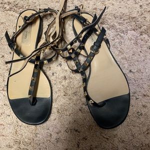 Valentino black rock stud sandals flat ankle 38